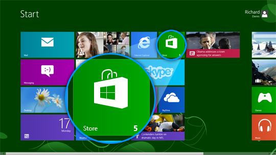 O bloco Loja (Store) na tela Iniciar do Skype para Windows 8.