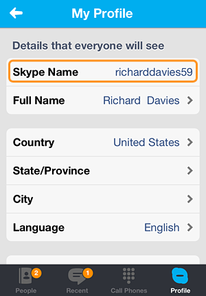 skype name find ipad profile tap faq